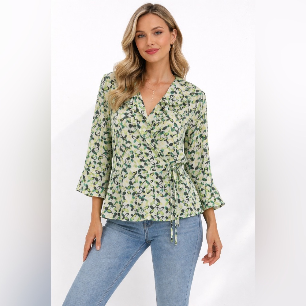 Cato Green Floral Wrap Blouse Ruffle Tie Waist Peplum Boho Y2K Cottagecore Chic
